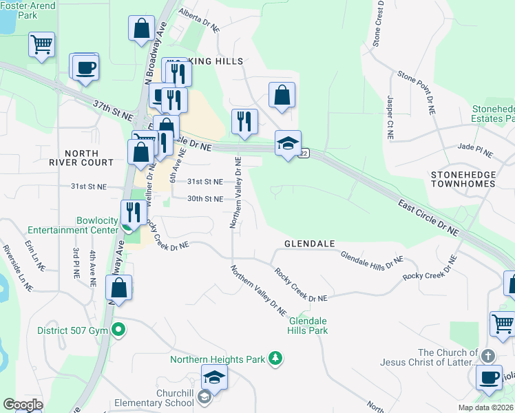 map of restaurants, bars, coffee shops, grocery stores, and more near 2916 Northern Slopes Lane Northeast in Rochester