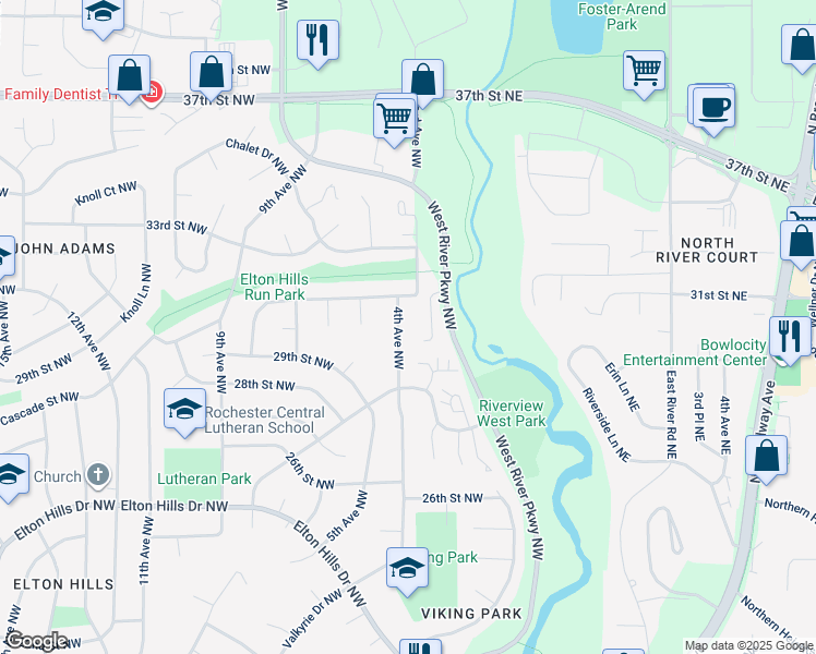 map of restaurants, bars, coffee shops, grocery stores, and more near 2928 4th Avenue Northwest in Rochester