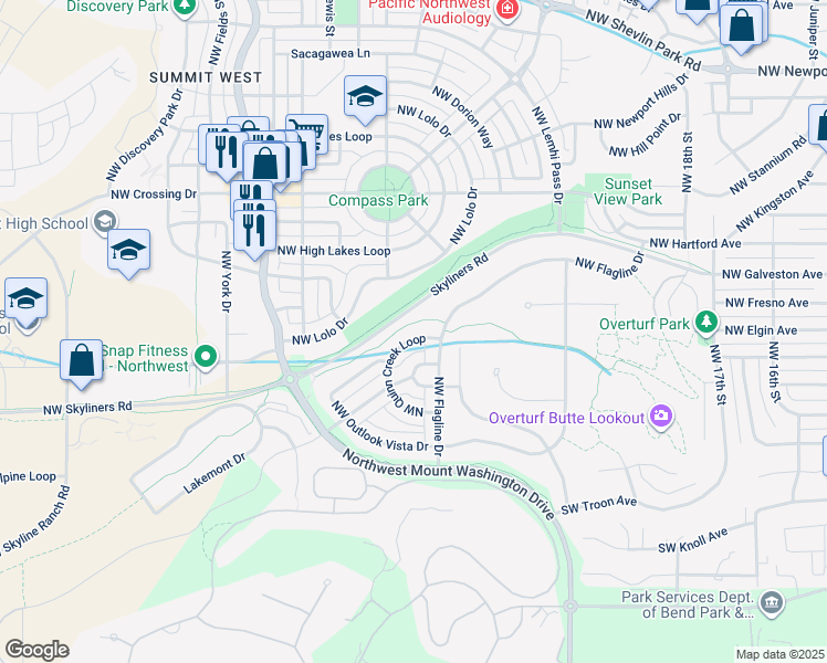 map of restaurants, bars, coffee shops, grocery stores, and more near 2409 Northwest Quinn Creek Loop in Bend