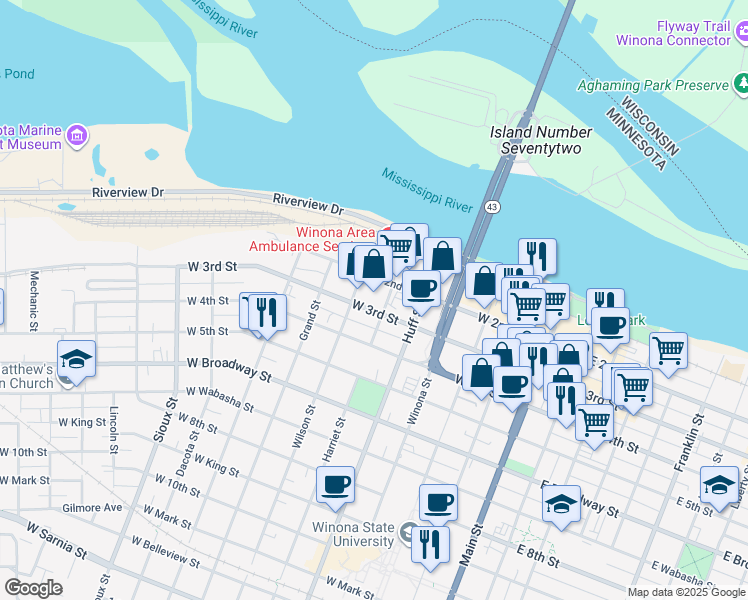 map of restaurants, bars, coffee shops, grocery stores, and more near 370 West 3rd Street in Winona
