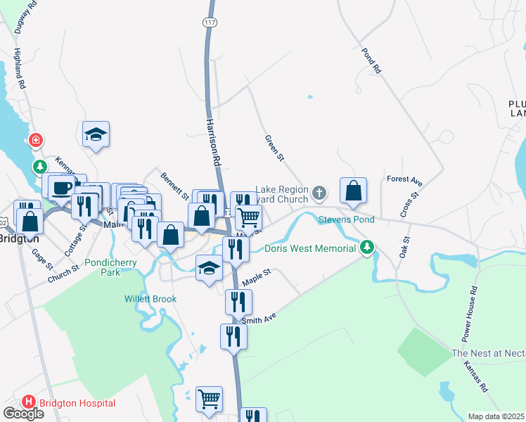 map of restaurants, bars, coffee shops, grocery stores, and more near 6 School Street in Bridgton