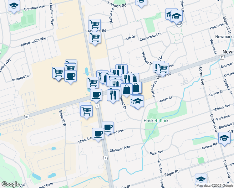 map of restaurants, bars, coffee shops, grocery stores, and more near 16 Wilstead Drive in Newmarket