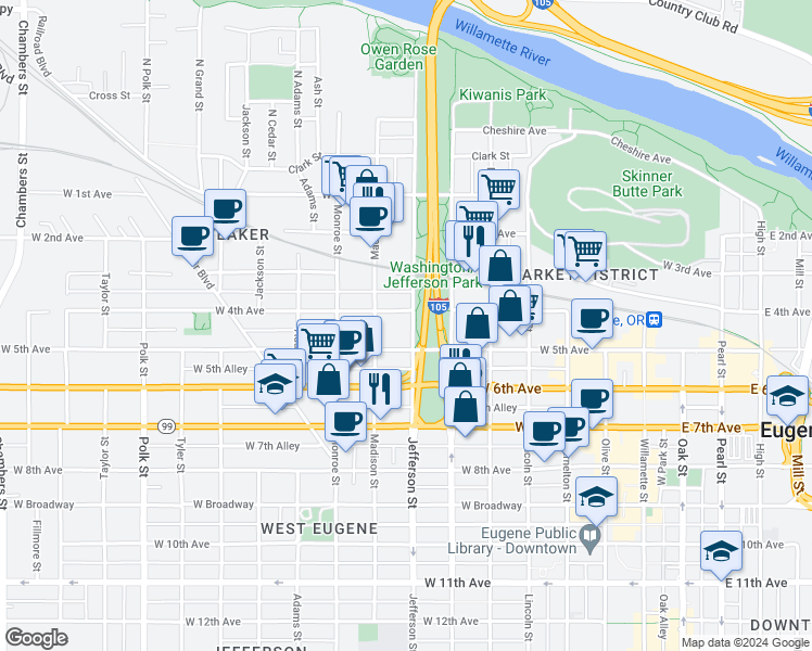 map of restaurants, bars, coffee shops, grocery stores, and more near 616 West 4th Avenue in Eugene