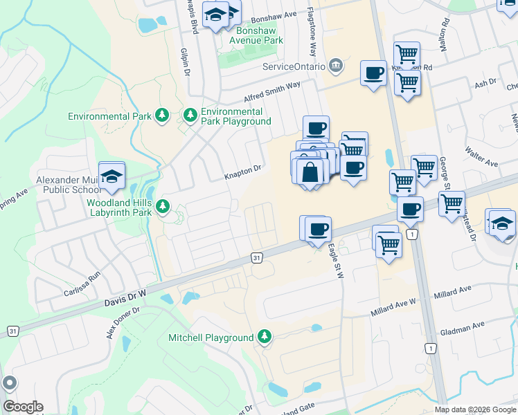 map of restaurants, bars, coffee shops, grocery stores, and more near 175 Solstice Circle in Newmarket