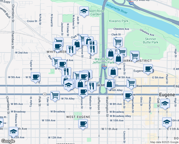 map of restaurants, bars, coffee shops, grocery stores, and more near 14 West 4th Alley in Eugene