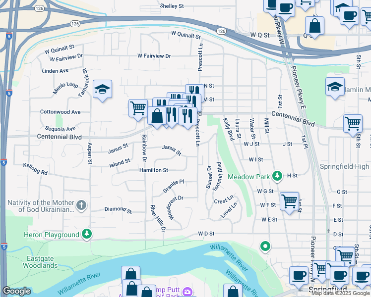 map of restaurants, bars, coffee shops, grocery stores, and more near 546 Janus Street in Springfield