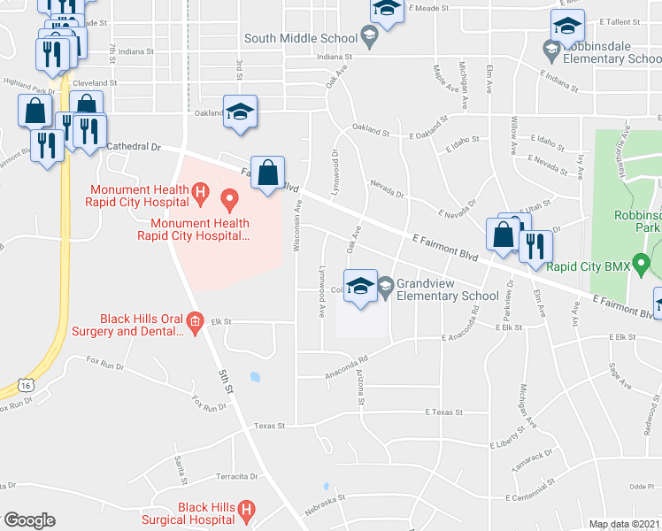 map of restaurants, bars, coffee shops, grocery stores, and more near 3104 Lynnwood Avenue in Rapid City