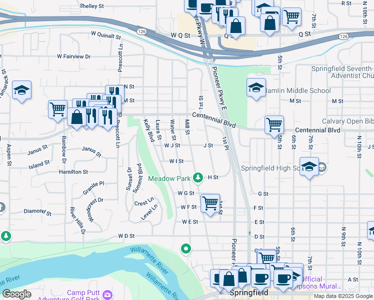 map of restaurants, bars, coffee shops, grocery stores, and more near 1034 Mill Street in Springfield