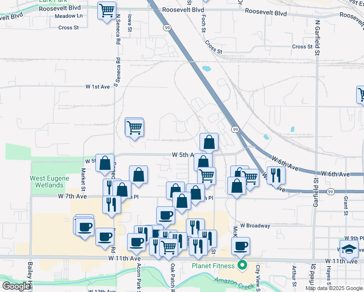 map of restaurants, bars, coffee shops, grocery stores, and more near 2601 West 5th Avenue in Eugene