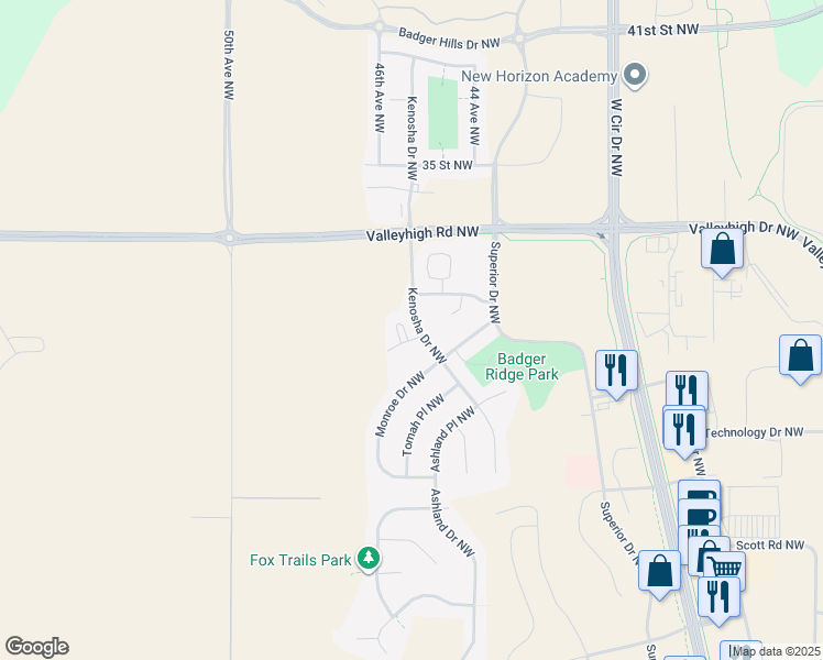 map of restaurants, bars, coffee shops, grocery stores, and more near 3072 River Falls Court Northwest in Rochester