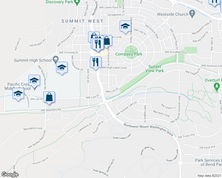map of restaurants, bars, coffee shops, grocery stores, and more near 2168 Northwest Lolo Drive in Bend