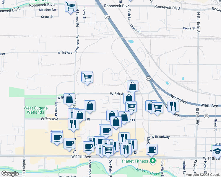 map of restaurants, bars, coffee shops, grocery stores, and more near 2601 West 5th Avenue in Eugene