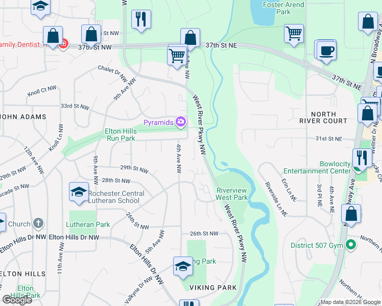map of restaurants, bars, coffee shops, grocery stores, and more near 2928 4th Avenue Northwest in Rochester