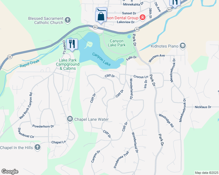 map of restaurants, bars, coffee shops, grocery stores, and more near 4180 Farview Drive in Rapid City