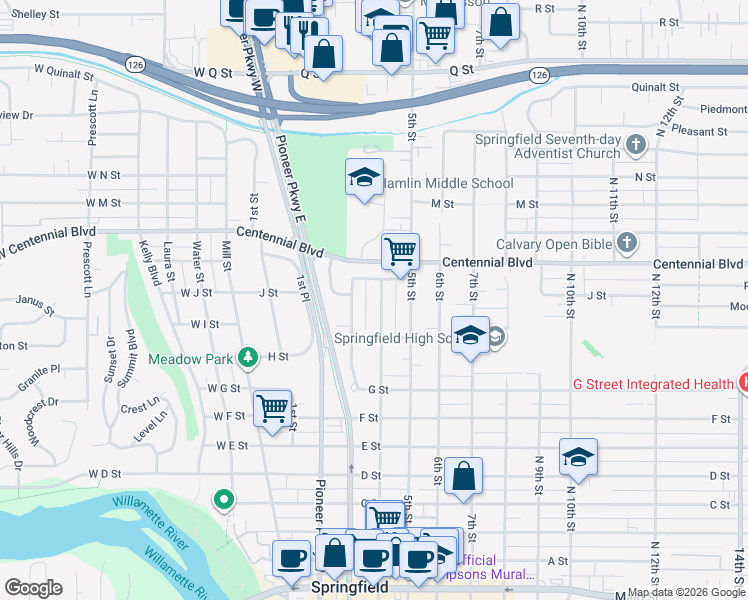 map of restaurants, bars, coffee shops, grocery stores, and more near 1108 4th Street in Springfield