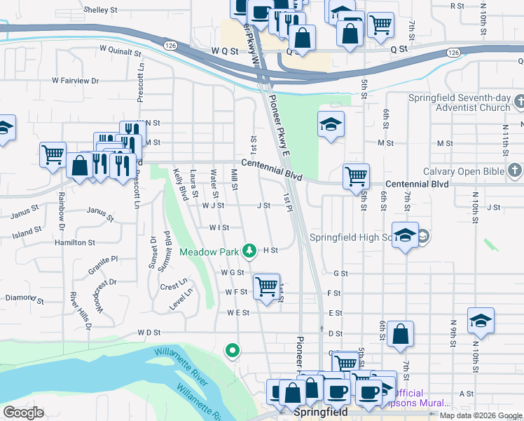 map of restaurants, bars, coffee shops, grocery stores, and more near 1050 1st Street in Springfield