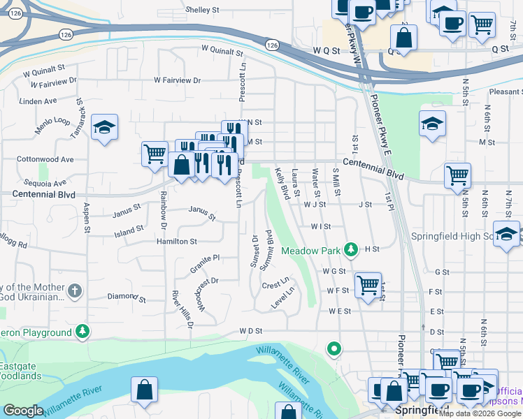 map of restaurants, bars, coffee shops, grocery stores, and more near 972 Summit Boulevard in Springfield