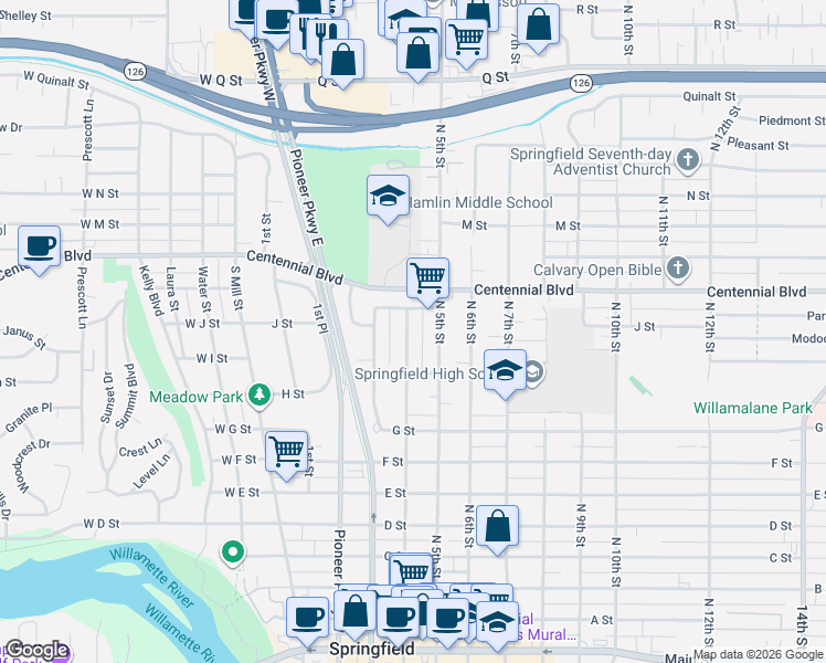 map of restaurants, bars, coffee shops, grocery stores, and more near 1109 4th Street in Springfield