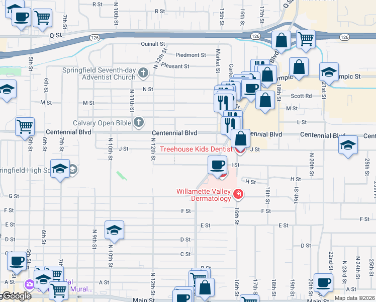 map of restaurants, bars, coffee shops, grocery stores, and more near 1360 Modoc Street in Springfield