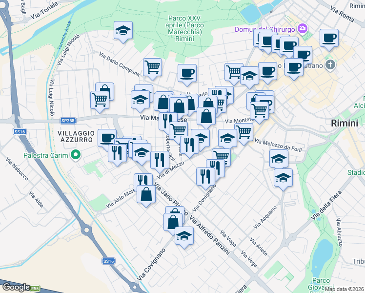 map of restaurants, bars, coffee shops, grocery stores, and more near 29 Via Sebastiano Vanzi in Rimini