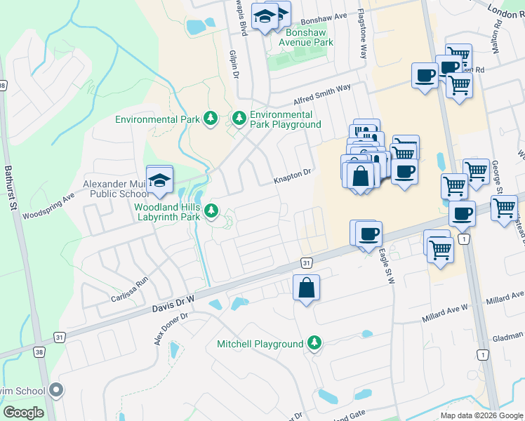 map of restaurants, bars, coffee shops, grocery stores, and more near 185 Tango Crescent in Newmarket