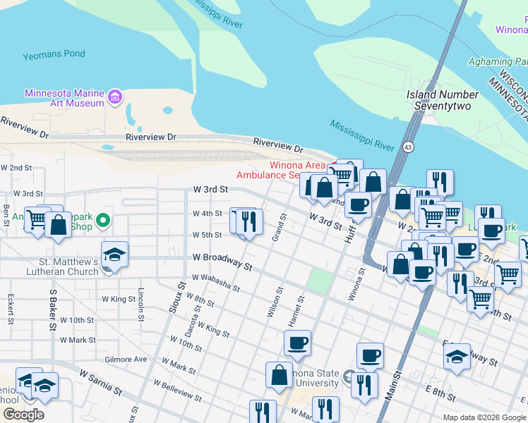 map of restaurants, bars, coffee shops, grocery stores, and more near 166 Olmstead Street in Winona