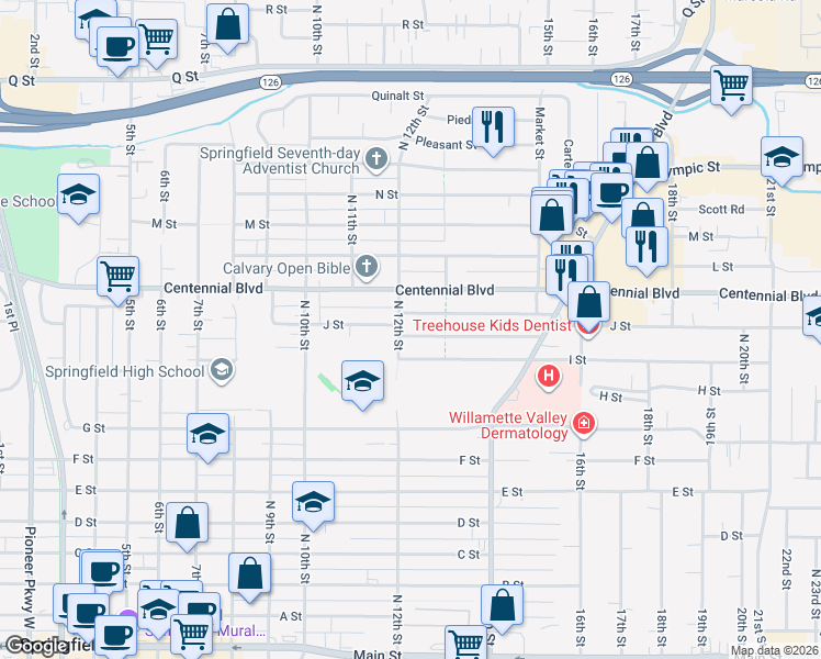 map of restaurants, bars, coffee shops, grocery stores, and more near 1224 Modoc Street in Springfield