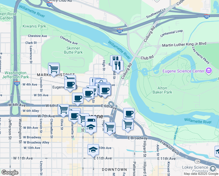 map of restaurants, bars, coffee shops, grocery stores, and more near 411 High Street in Eugene