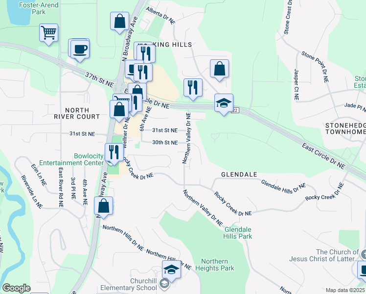 map of restaurants, bars, coffee shops, grocery stores, and more near 754 30th Street Northeast in Rochester