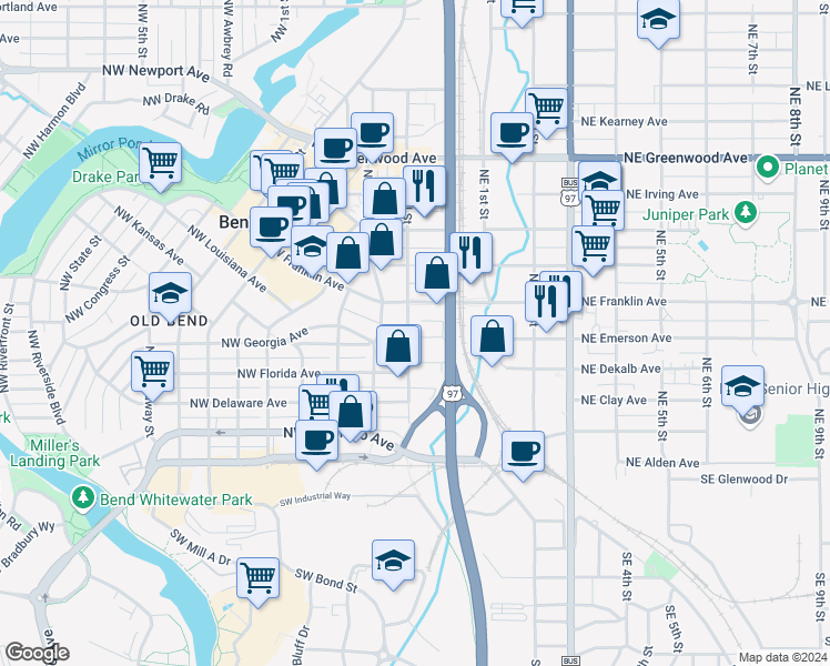 map of restaurants, bars, coffee shops, grocery stores, and more near 45 Northwest Park Place in Bend