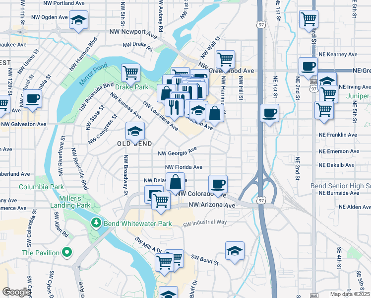 map of restaurants, bars, coffee shops, grocery stores, and more near 408 Northwest Georgia Avenue in Bend