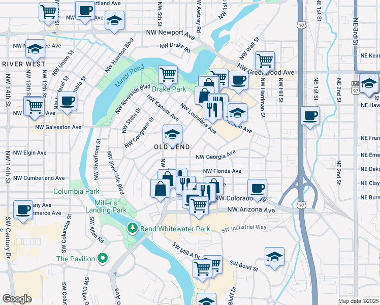 map of restaurants, bars, coffee shops, grocery stores, and more near 720 Northwest Georgia Avenue in Bend