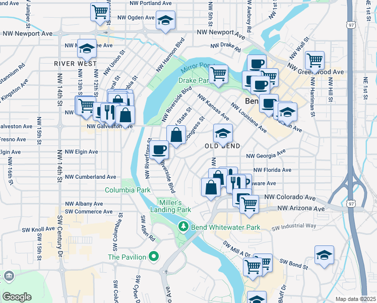 map of restaurants, bars, coffee shops, grocery stores, and more near 107 Northwest Saint Helens Place in Bend