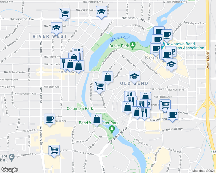 map of restaurants, bars, coffee shops, grocery stores, and more near 107 Northwest Saint Helens Place in Bend