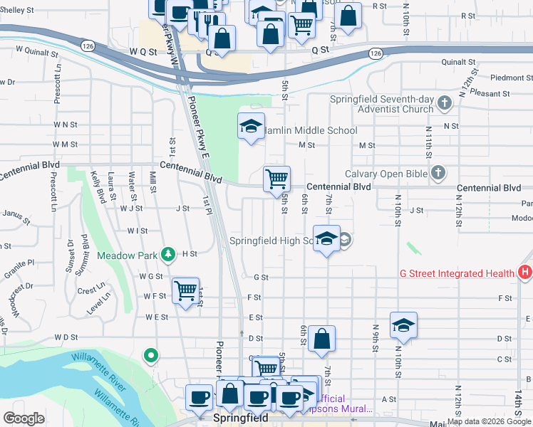 map of restaurants, bars, coffee shops, grocery stores, and more near 1108 4th Street in Springfield