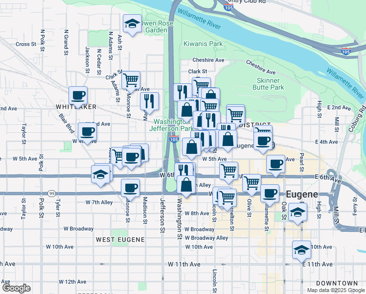 map of restaurants, bars, coffee shops, grocery stores, and more near 475 West 5th Avenue in Eugene