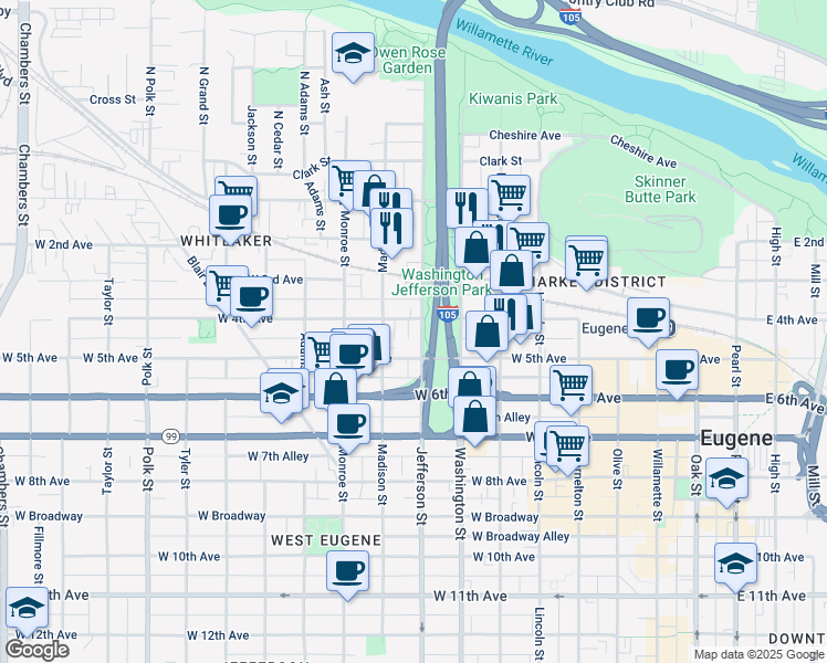 map of restaurants, bars, coffee shops, grocery stores, and more near 616 West 4th Avenue in Eugene