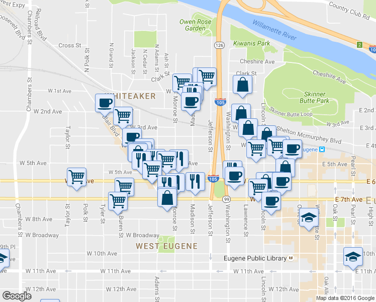 map of restaurants, bars, coffee shops, grocery stores, and more near 14 West 4th Alley in Eugene