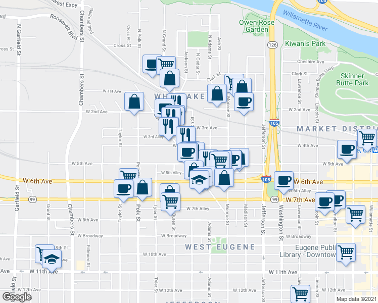 map of restaurants, bars, coffee shops, grocery stores, and more near 1012 West 4th Avenue in Eugene