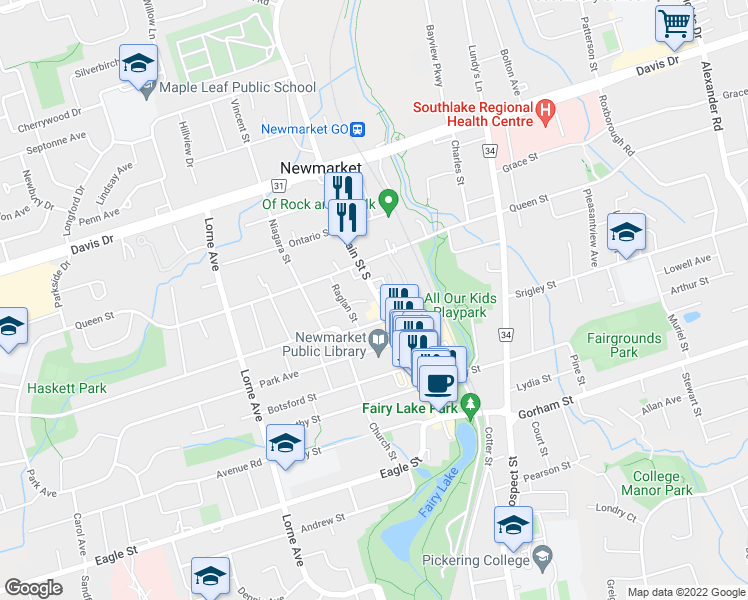 map of restaurants, bars, coffee shops, grocery stores, and more near 122 Main Street South in Newmarket