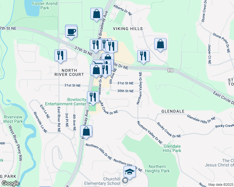 map of restaurants, bars, coffee shops, grocery stores, and more near 618 30th Street Northeast in Rochester