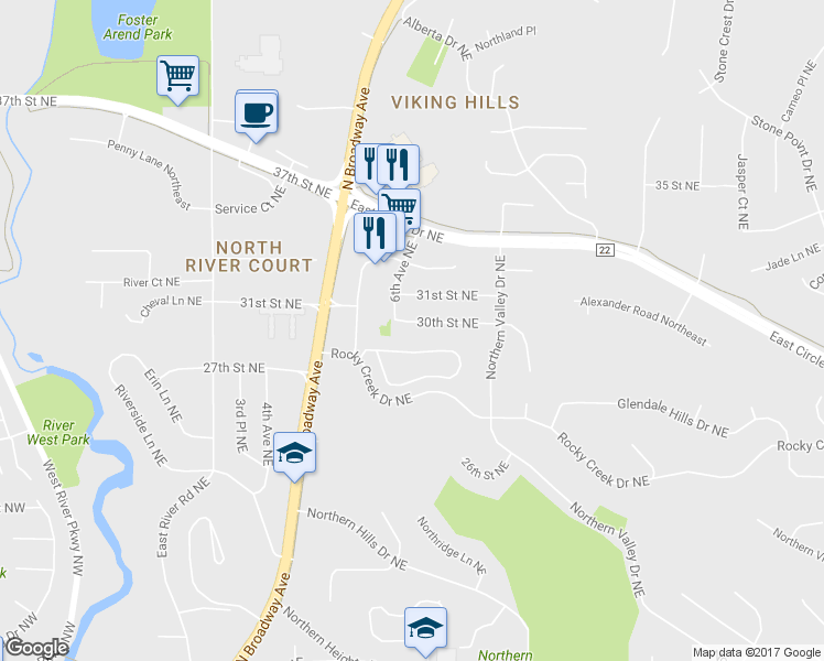 map of restaurants, bars, coffee shops, grocery stores, and more near 618 30th Street Northeast in Rochester