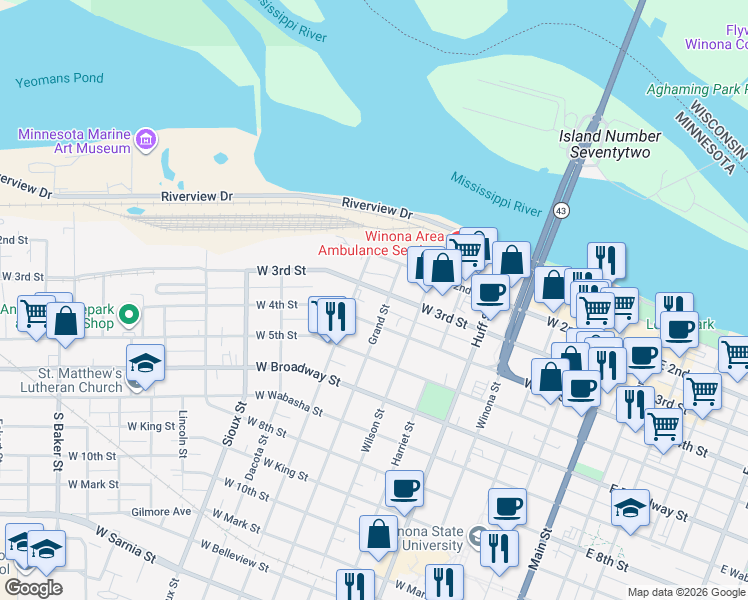 map of restaurants, bars, coffee shops, grocery stores, and more near 166 Olmstead Street in Winona