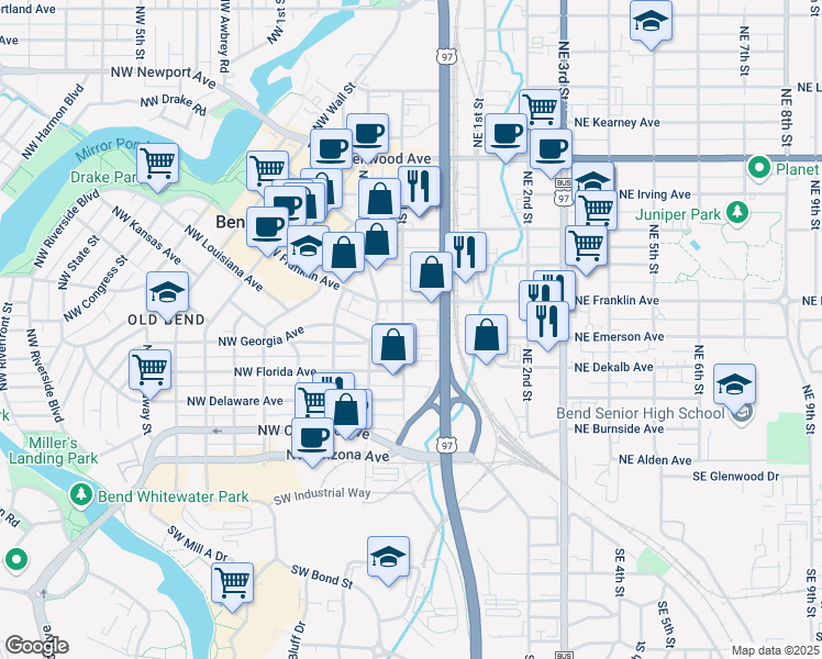 map of restaurants, bars, coffee shops, grocery stores, and more near 45 Northwest Park Place in Bend