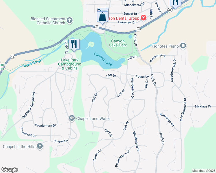 map of restaurants, bars, coffee shops, grocery stores, and more near 4180 Farview Drive in Rapid City