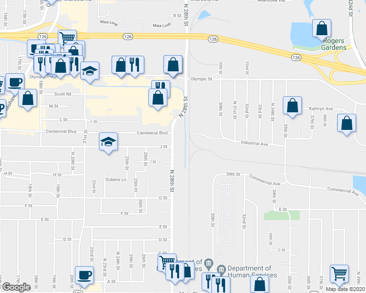 map of restaurants, bars, coffee shops, grocery stores, and more near 1093 28th Street in Springfield