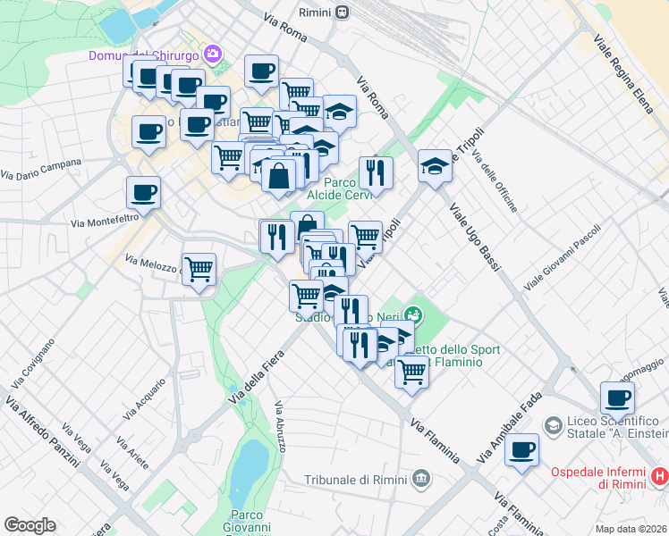 map of restaurants, bars, coffee shops, grocery stores, and more near 36 Vicolo San Giovanni in Rimini