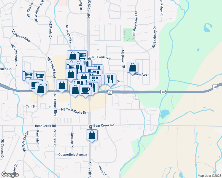map of restaurants, bars, coffee shops, grocery stores, and more near 495 Northeast Bellevue Drive in Bend