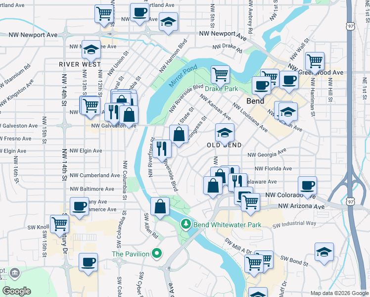 map of restaurants, bars, coffee shops, grocery stores, and more near 107 Northwest Saint Helens Place in Bend