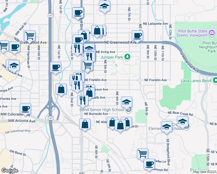 map of restaurants, bars, coffee shops, grocery stores, and more near 474 Northeast Emerson Avenue in Bend
